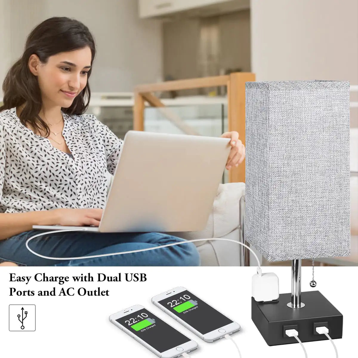 Grey USB Bedside Table Lamp