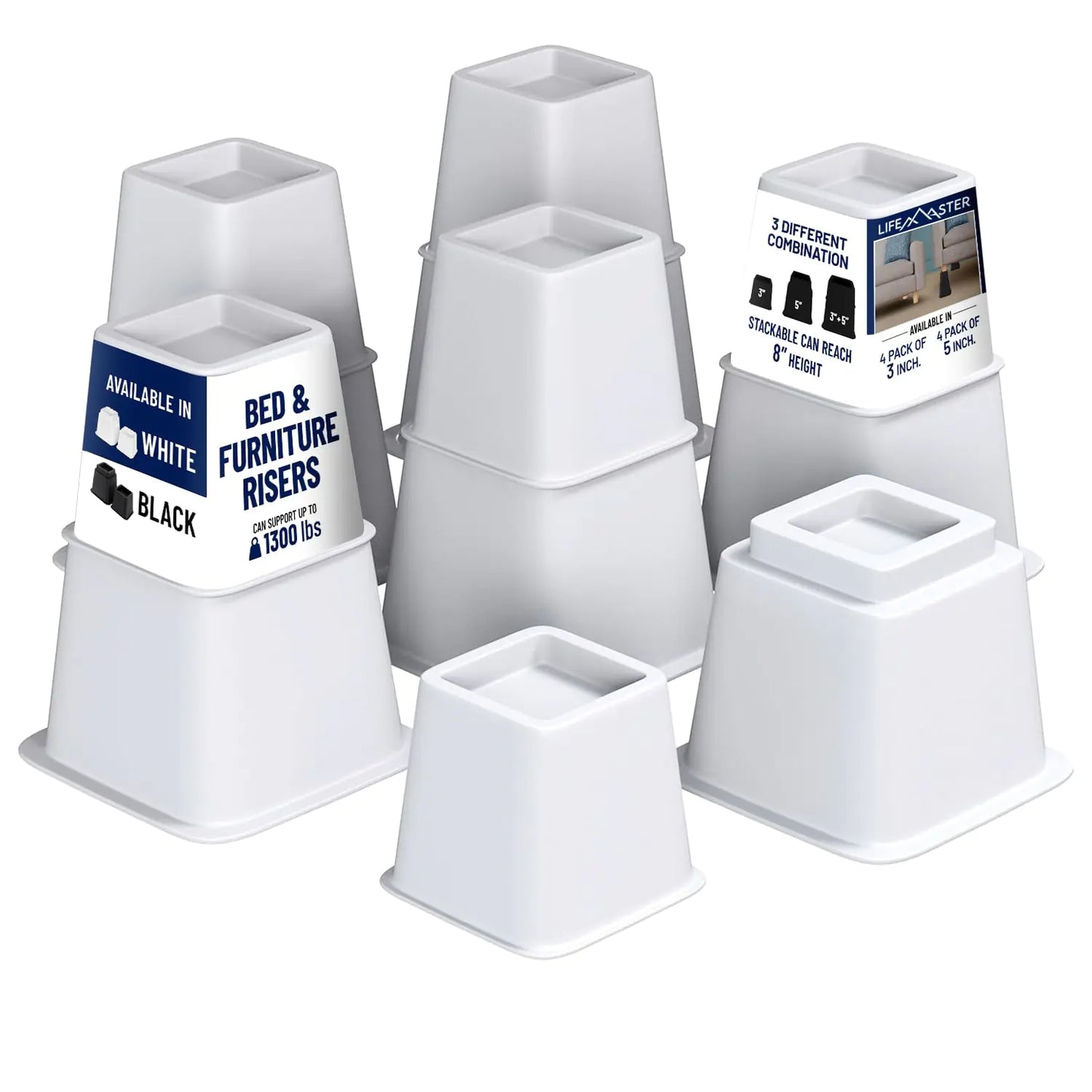 Eight-Piece White Adjustable Bed Riser