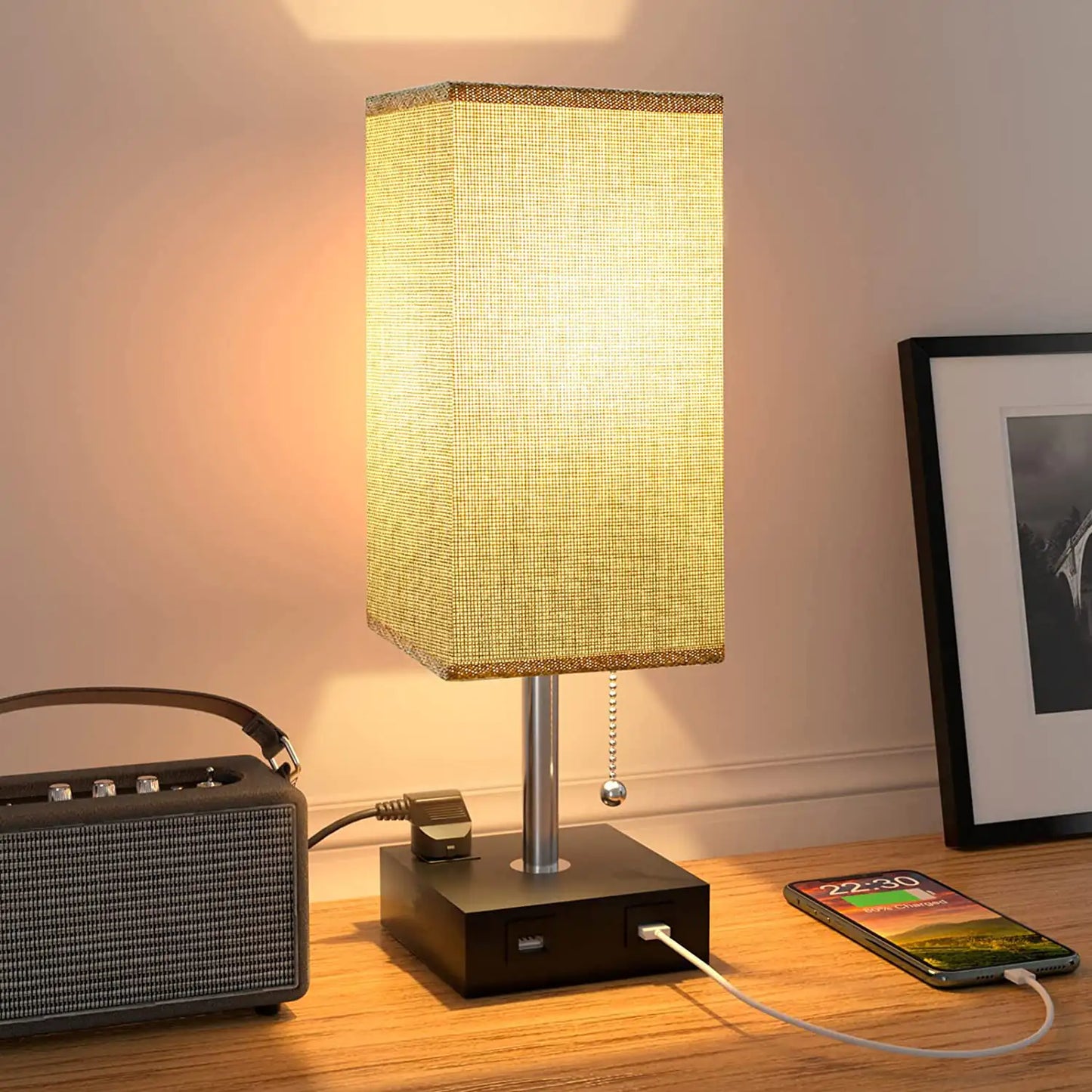Grey USB Bedside Table Lamp