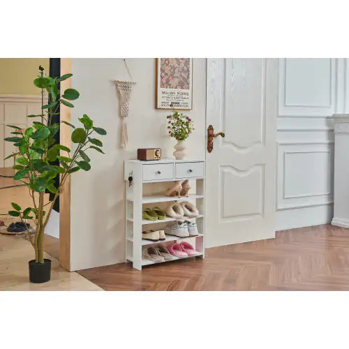 Multi-use White Shoe Rack with Two Drawers