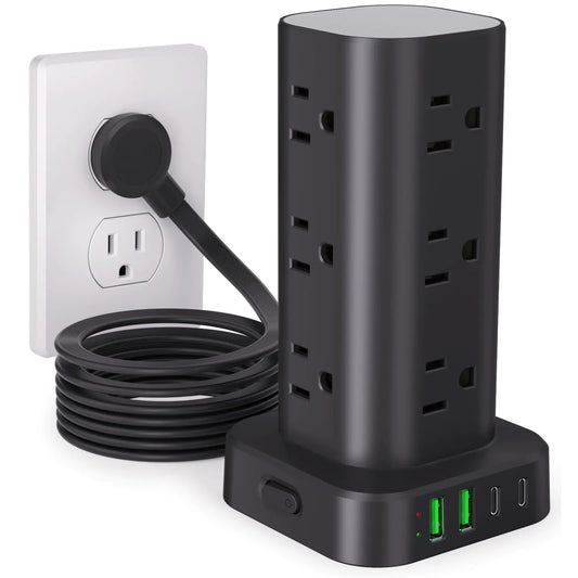 Black Power Strip Tower with 12 Outlets and Four USB Ports