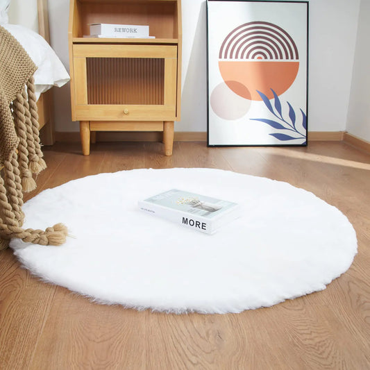 3ft Rabbit Fur White Washable Round Rug