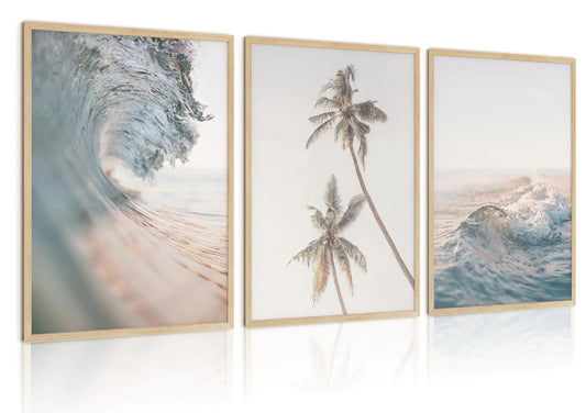 Three-Piece Waves and Palm Tree Framed Canvas